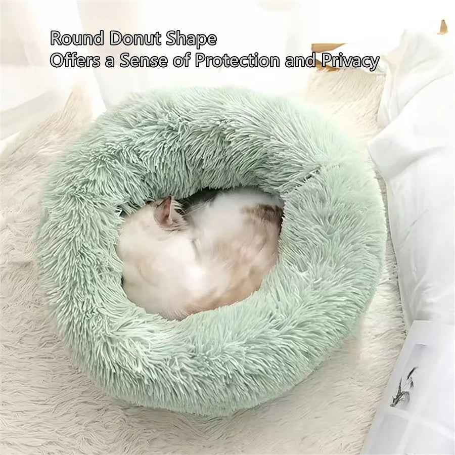 Soft Pet Cat Bed Pad Plush Warm Faux Fur dog Calm Bed Donut Round Bed Comfortable Sleeping Washable for Small Medium Dog and Cat - CalmPaws
